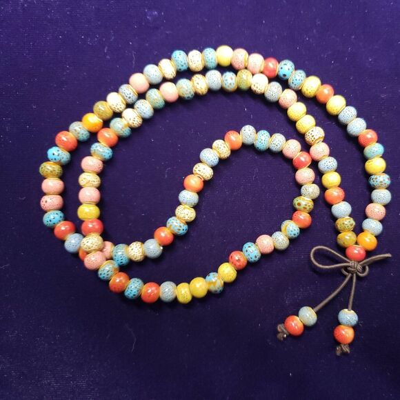 Ceramic Beaded Necklace, Multicolored beads on brown cord, BOLO Style Y-drop - Picture 1 of 8